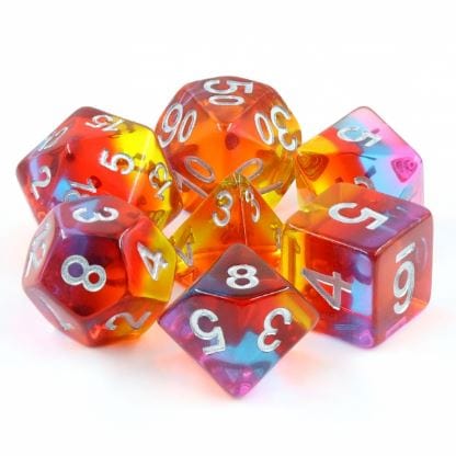 Golden Time Dice Set. Clear Layered Yellow, Red, Purple, and Pink Resin Dice Set - Fennek and Finch