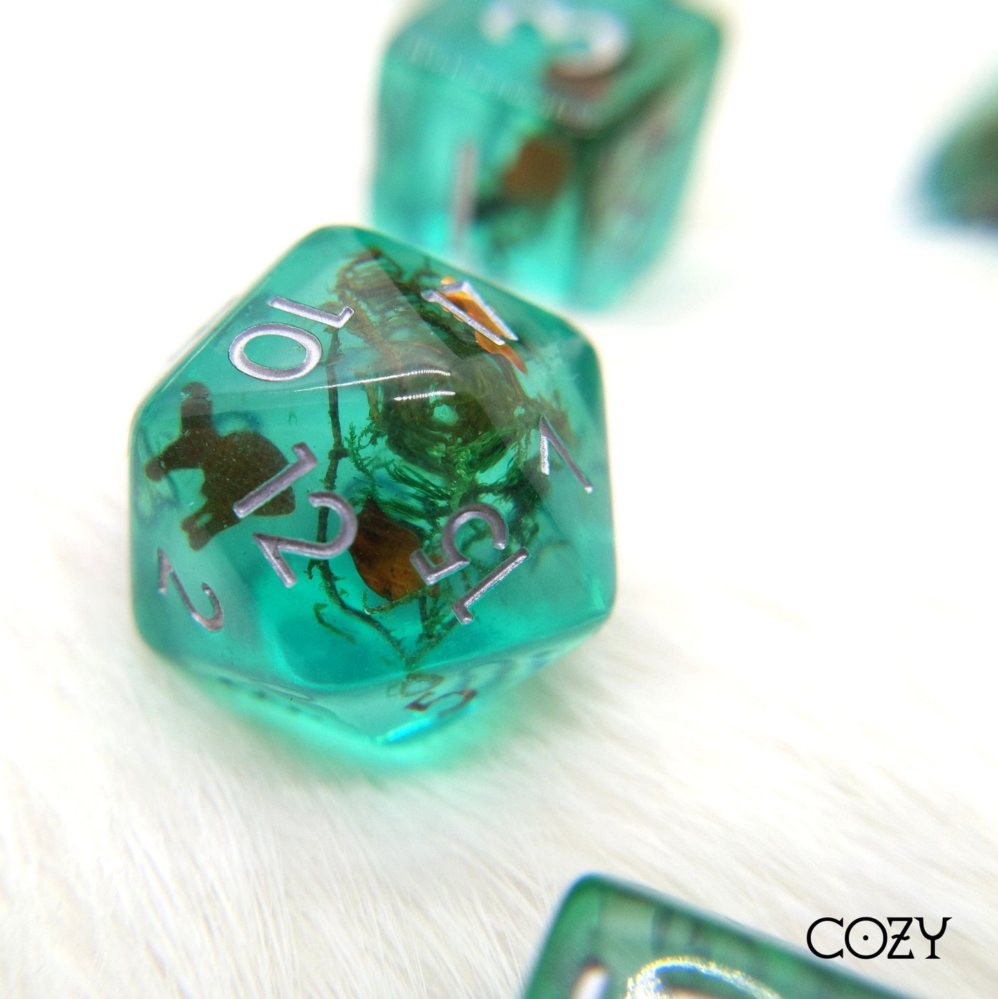 Goldfish Pond. Teal resin dice set with gold fish and plants