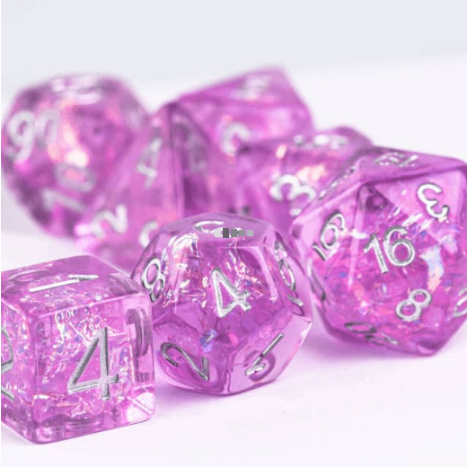 Grape Candy Crackle Dice Set – 7 - Piece Purple Glitter Crackle DnD Dice - Fennek and Finch