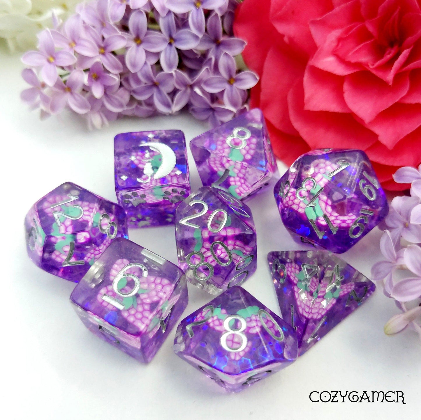 Grape Dice Set. 8 Piece Fruit Slice Bright DnD Dice Set