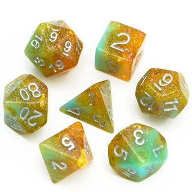 Green and Brown Seabed Treasure Dice Set. Opaque and Clear Marbled with Foil and Glitter