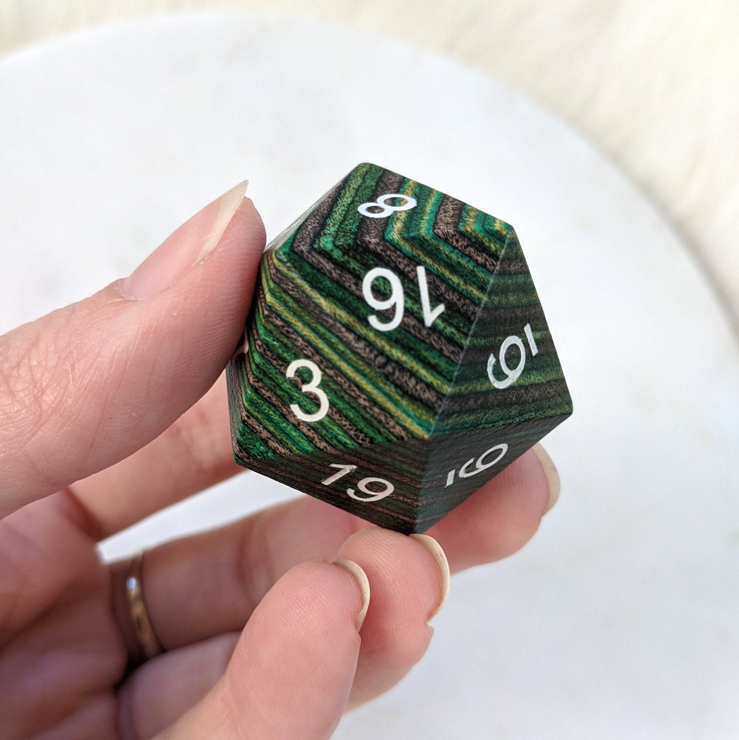 Green and Brown Stripe Large Wood D20 - CozyGamer