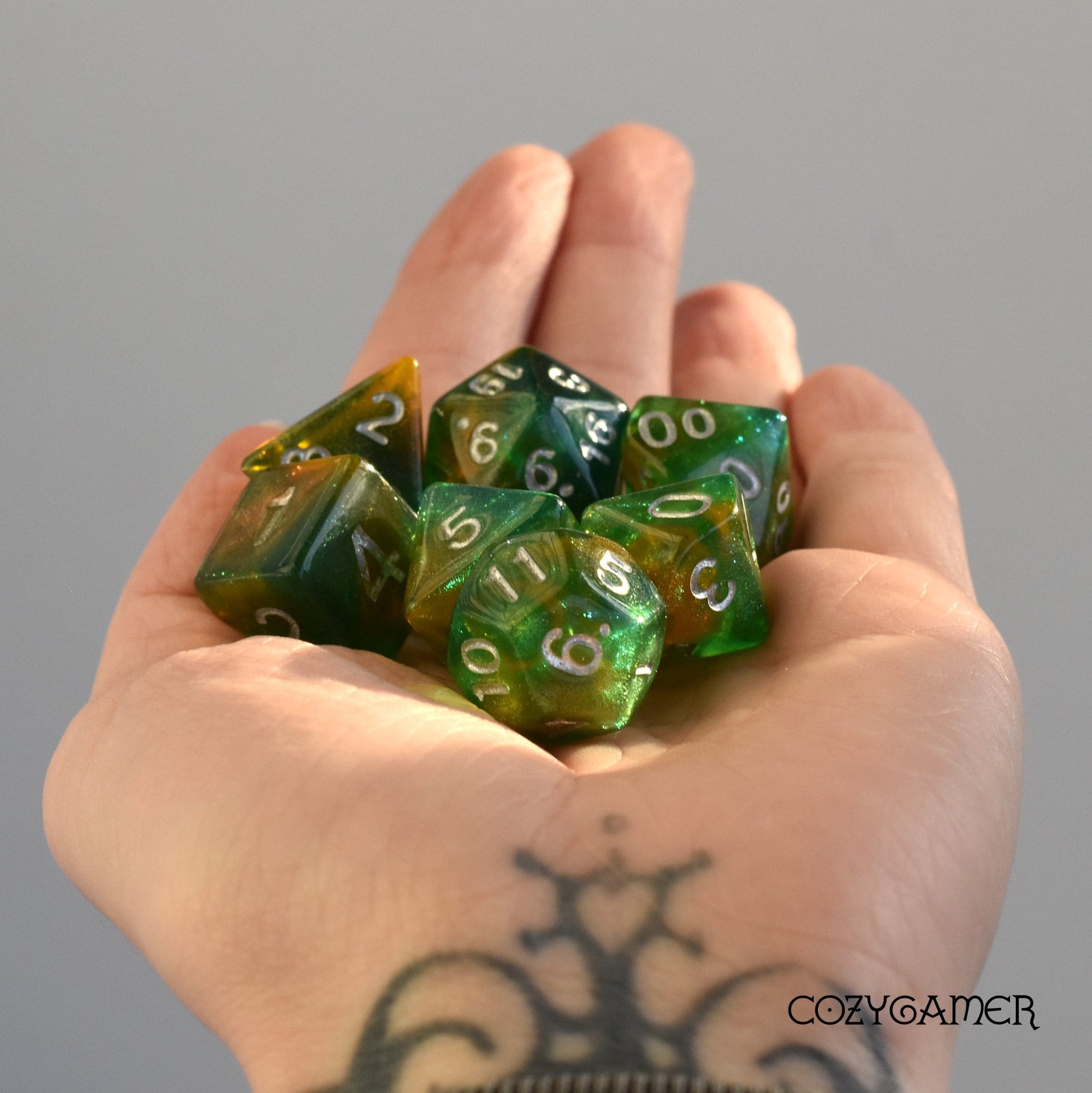 Green and Brown Will O Wisp Dice Set. Glitter TTRPG Dice