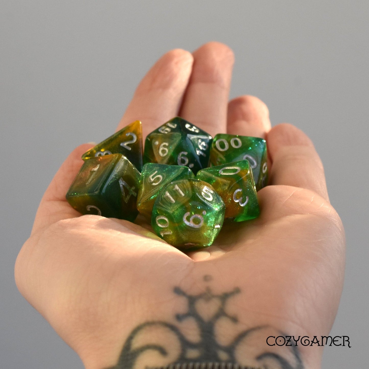 Green and Brown Will O Wisp Dice Set. Glitter TTRPG Dice Dice Sets & Games Fennek and Finch