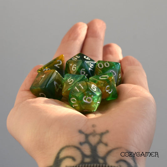 Green and Brown Will O Wisp Dice Set. Glitter TTRPG Dice - Fennek and Finch