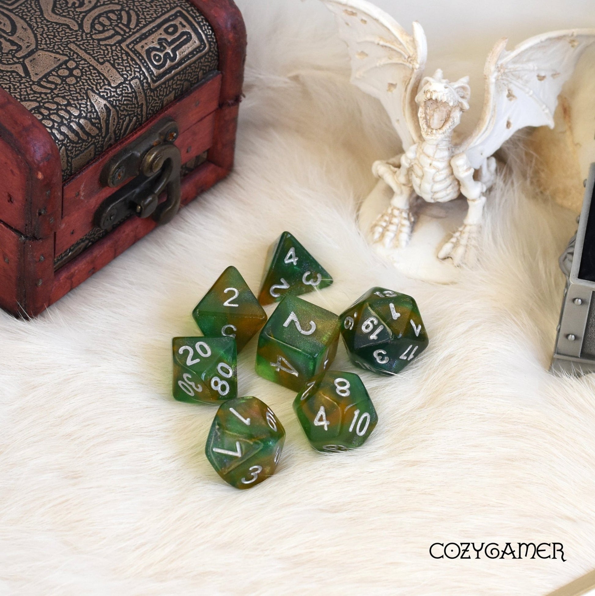 Green and Brown Will O Wisp Dice Set. Glitter TTRPG Dice Dice Sets & Games Fennek and Finch