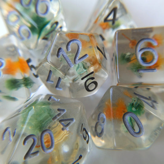 Green Orange Flower Dice Set – 7-Piece Floral Resin DnD Dice Dice Sets & Games Fennek and Finch