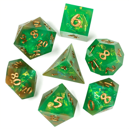 Green and Orange Sharp Edge Dice Set – 7-Piece Glitter Gold Foil DnD Dice Dice Sets & Games Fennek and Finch
