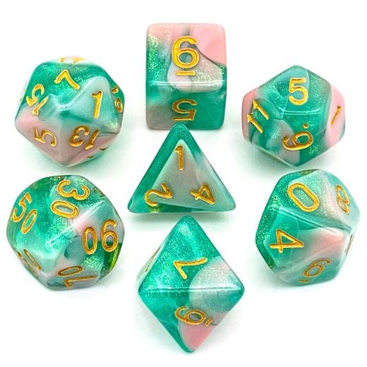 Green and Pink Will O Wisp Dice Set - CozyGamer