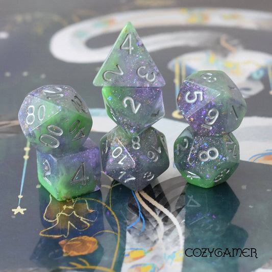 Green and Purple Seabed Treasure Dice Set. Opaque and Clear Marbled with Foil and Glitter
