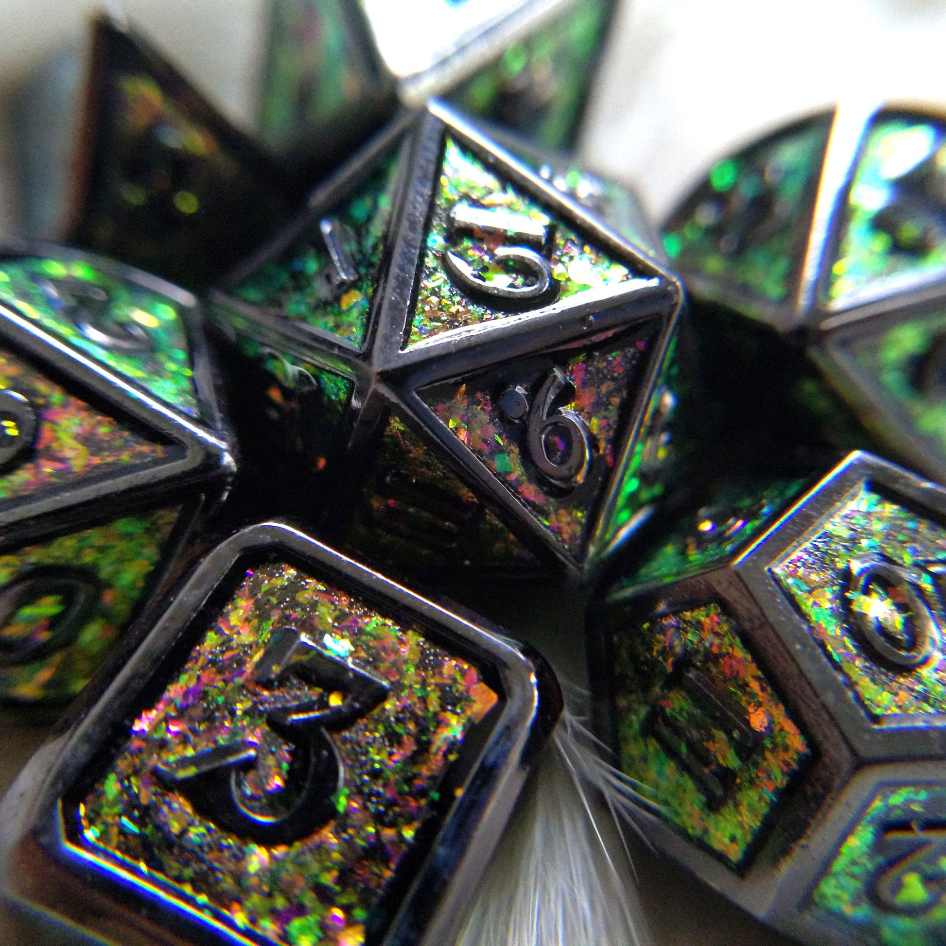 Green Beetle Black Metal Dice Set with Color Shifting Glitter - CozyGamer