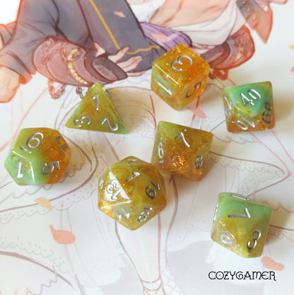 Green Brown Seabed Treasure Dice Set – 7 - Piece Marbled Foil Glitter DnD Dice - Fennek and Finch