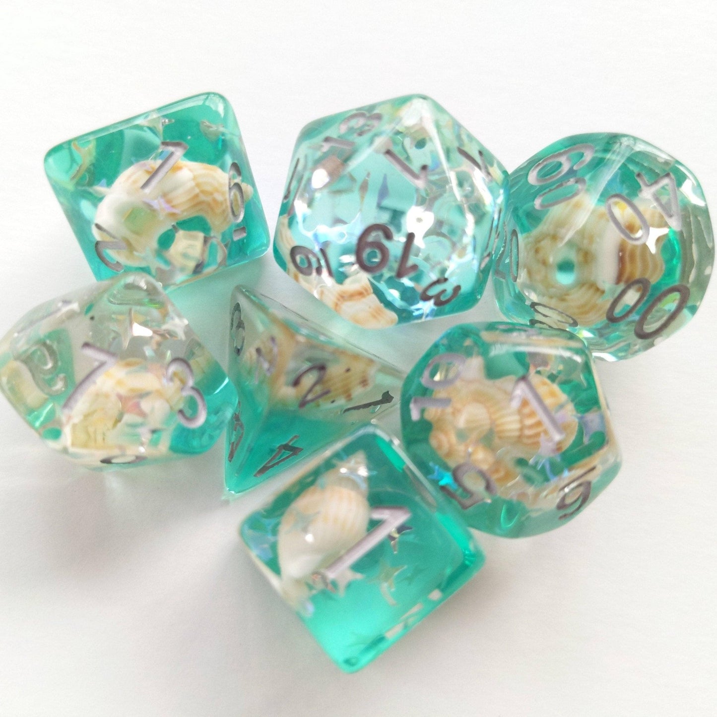 Green Conch Dice Set – 7-Piece Real Seashells Ocean DnD Dice Dice sets Fennek and Finch