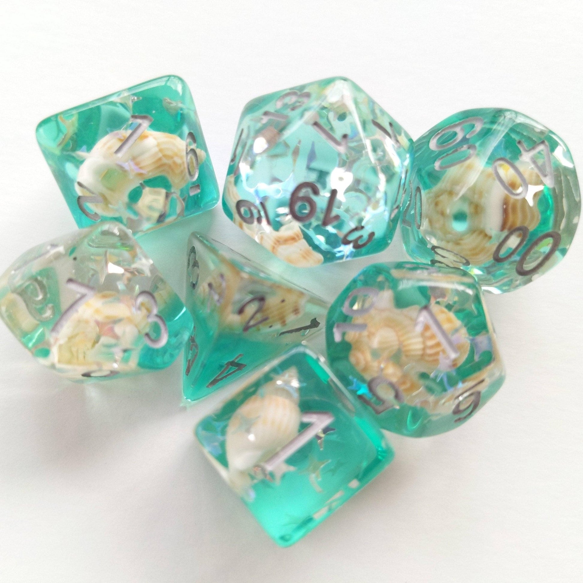 Green Conch Dice Set – 7-Piece Real Seashells Ocean DnD Dice Dice sets Fennek and Finch