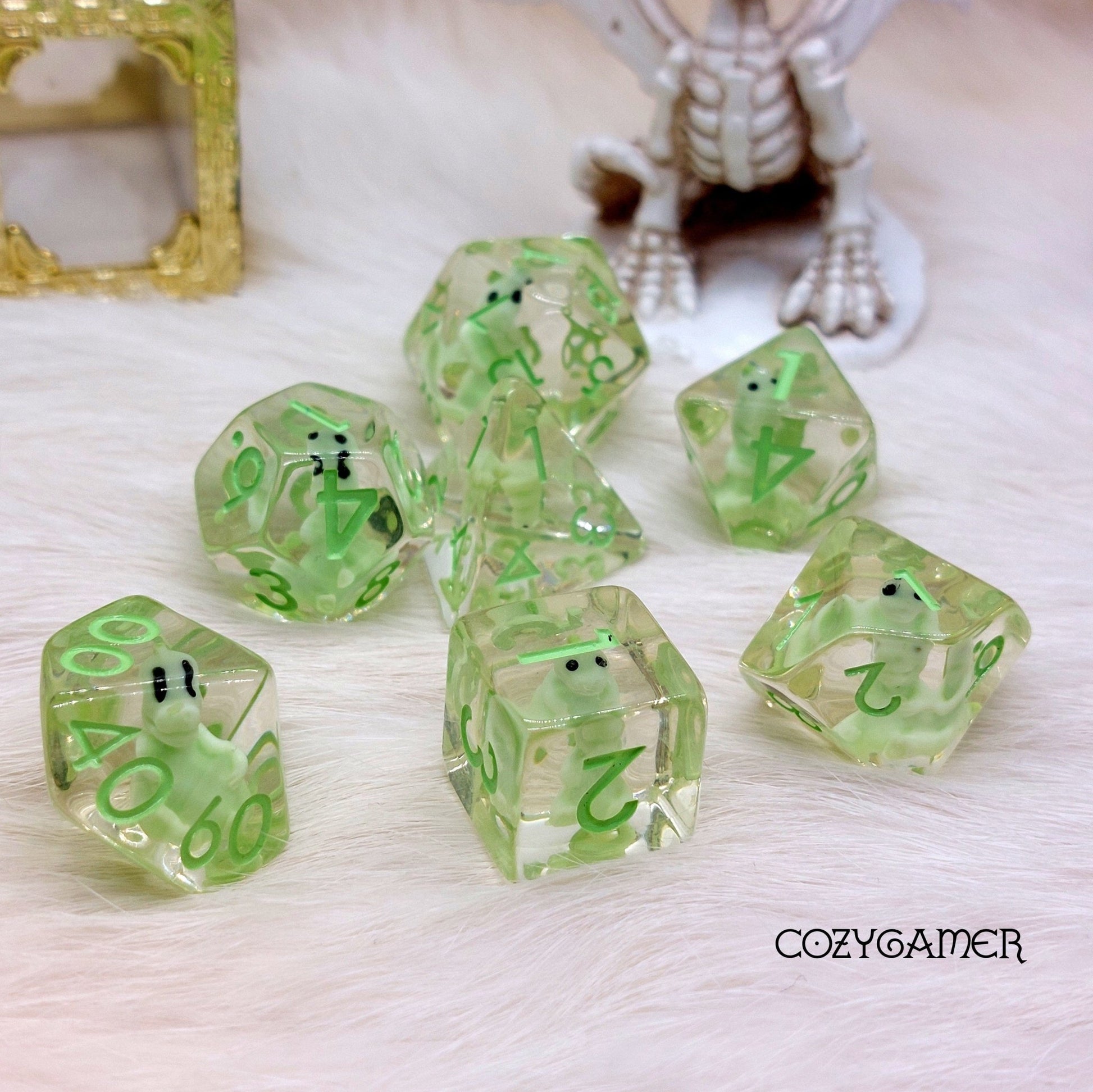 Green Dinosaur Dice Set. Clear Tiny Dinosaur Animal Dice Dice Sets & Games Fennek and Finch