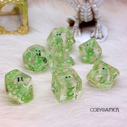 Green Dinosaur Dice Set. Clear Tiny Dinosaur Animal Dice Dice Sets & Games Fennek and Finch