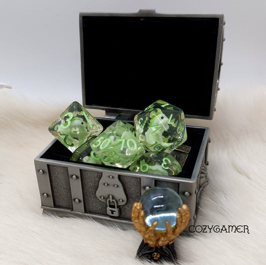 Green Dinosaur Dice Set. Clear Tiny Dinosaur Animal Dice - Fennek and Finch
