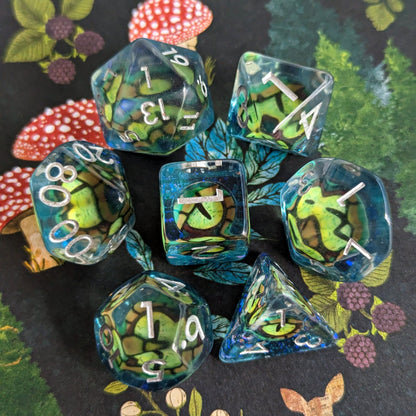 Green Eye DnD Dice Set – 7 - Piece Blue Resin Eye Inclusion Dice - Fennek and Finch