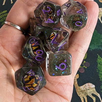 Green Eye DnD Dice Set Purple Font – 7 - Piece Green Resin Eye Inclusion Dice - Fennek and Finch
