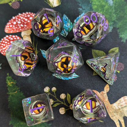 Green Eye DnD Dice Set Purple Font – 7 - Piece Green Resin Eye Inclusion Dice - Fennek and Finch