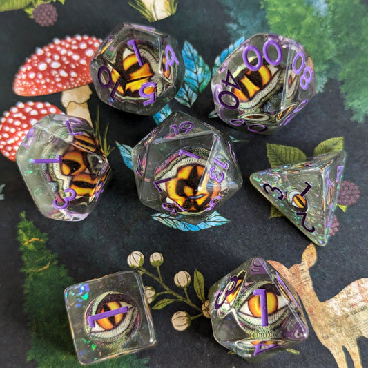 Green Eye DnD Dice Set Purple Font – 7 - Piece Green Resin Eye Inclusion Dice - Fennek and Finch