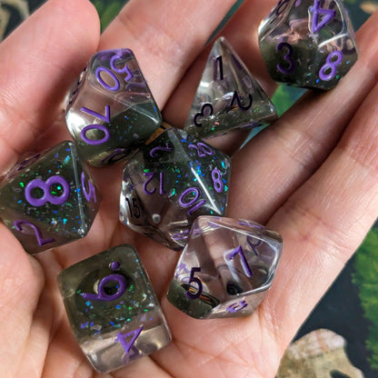 Green Eye DnD Dice Set Purple Font – 7 - Piece Green Resin Eye Inclusion Dice - Fennek and Finch
