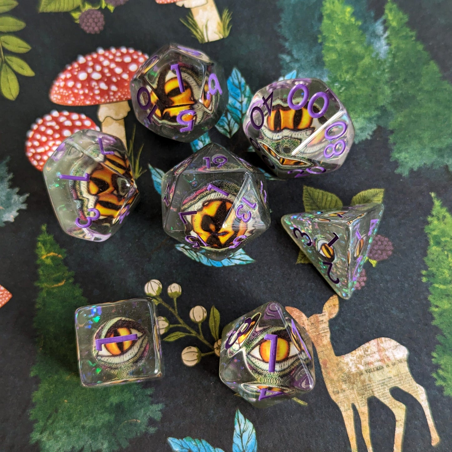 Green Eye DnD Dice Set with Purple Font