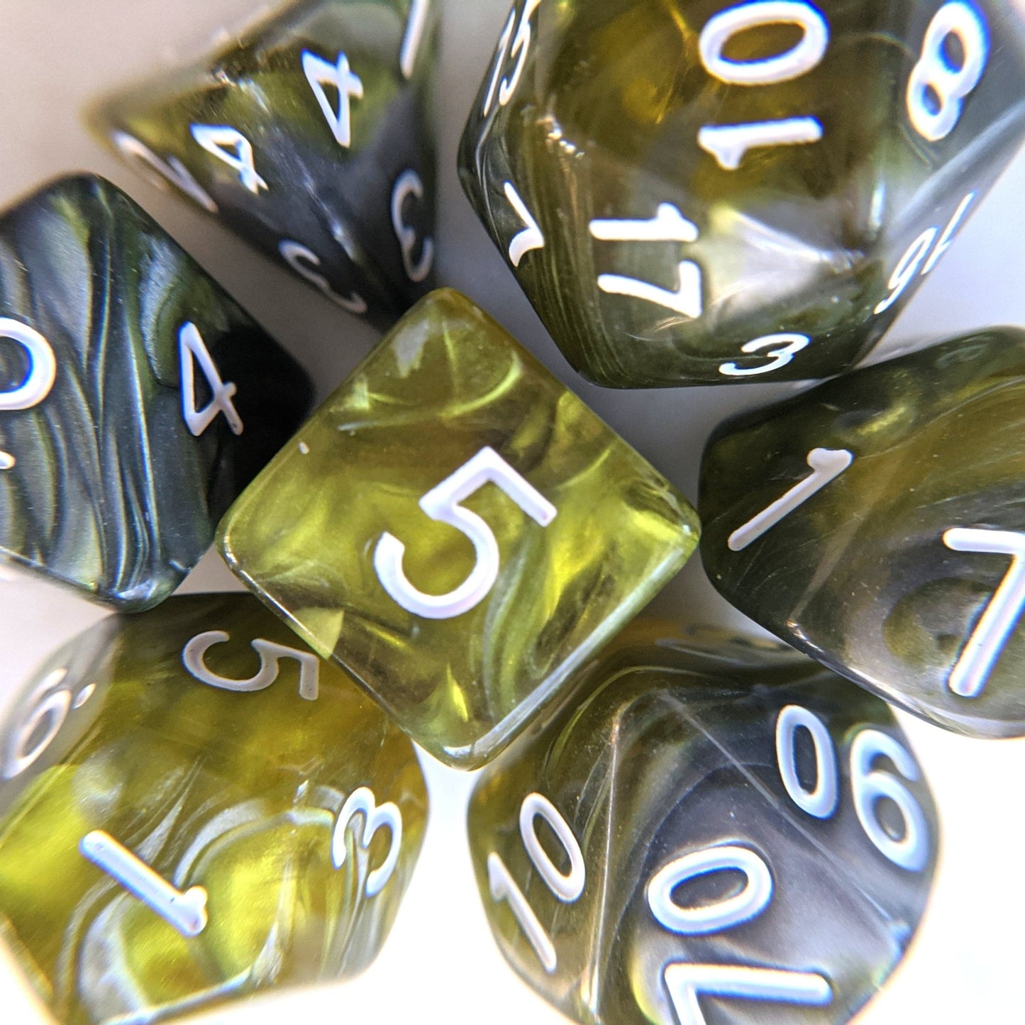 Green Flow Dice Set – 7 - Piece Marbled Green Acrylic DnD Dice - Fennek and Finch