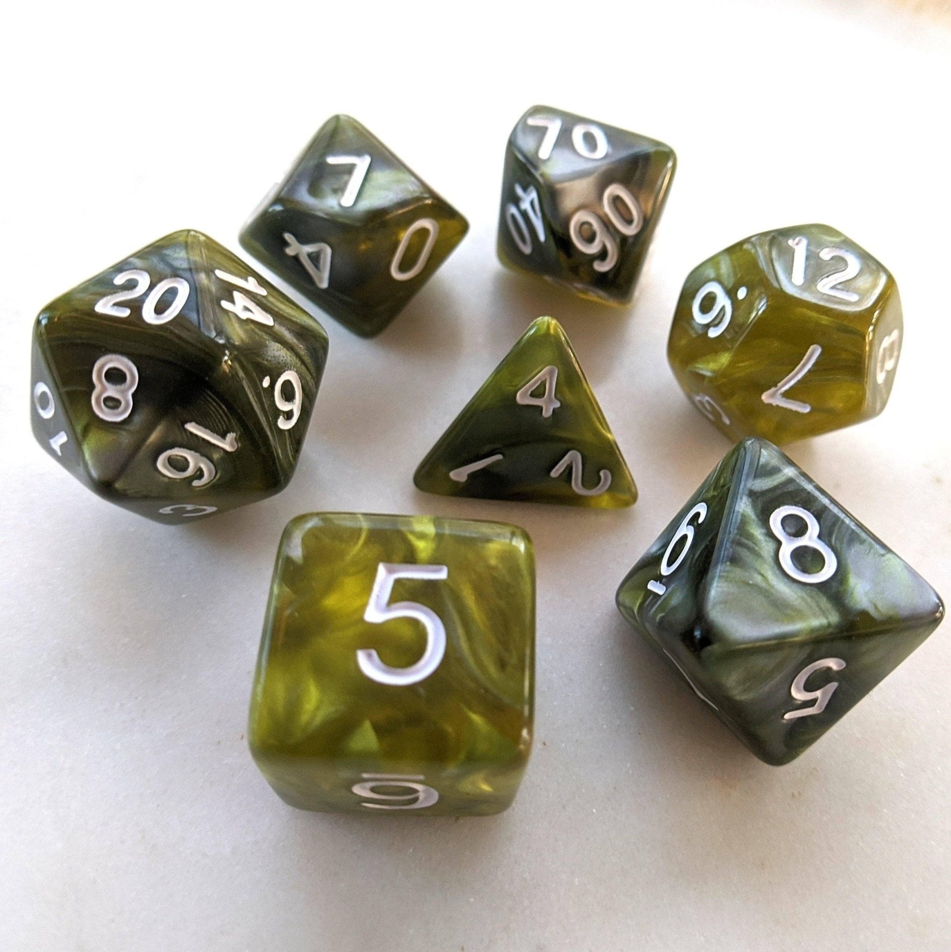 Green Flow Dice Set – 7 - Piece Marbled Green Acrylic DnD Dice - Fennek and Finch