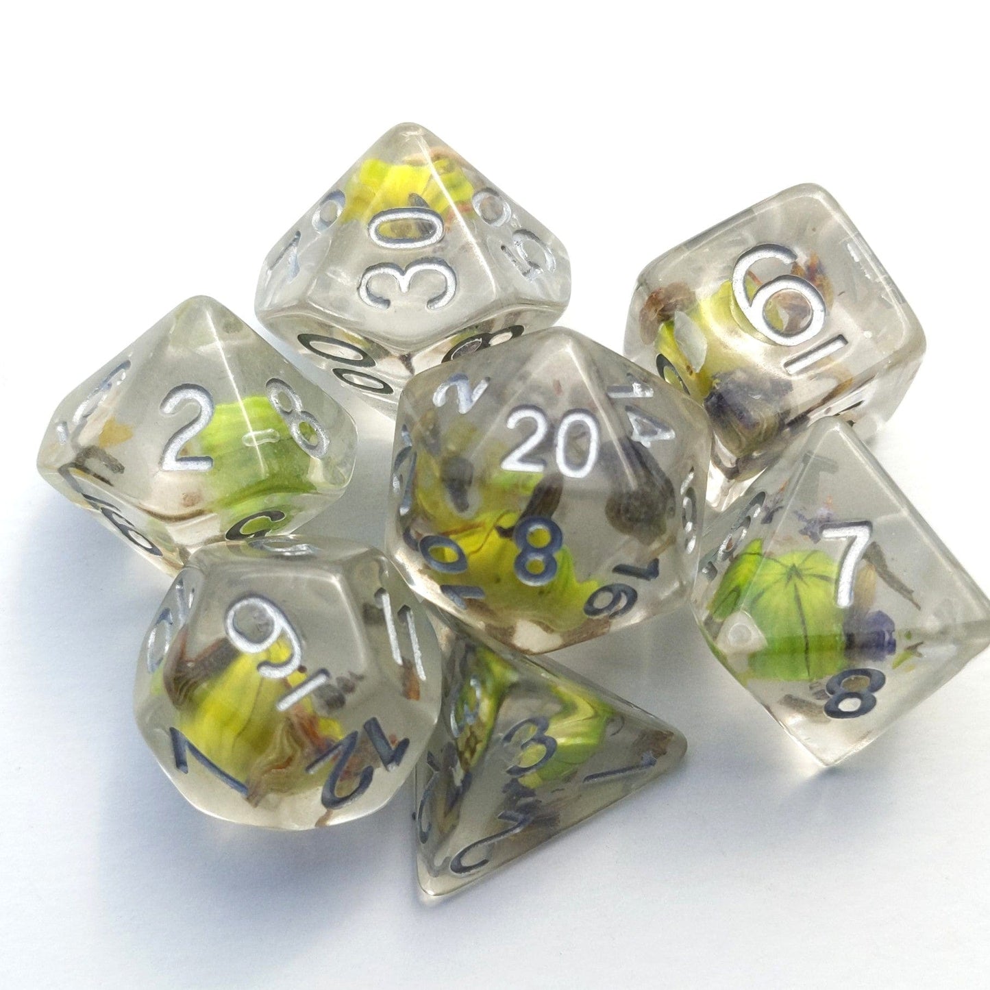 Green Flower and Lavender Dice Set with Real Dried Flowers in Clear Resin, Silver Font, 7 Piece for Dungeons and Dragons TTRPG.