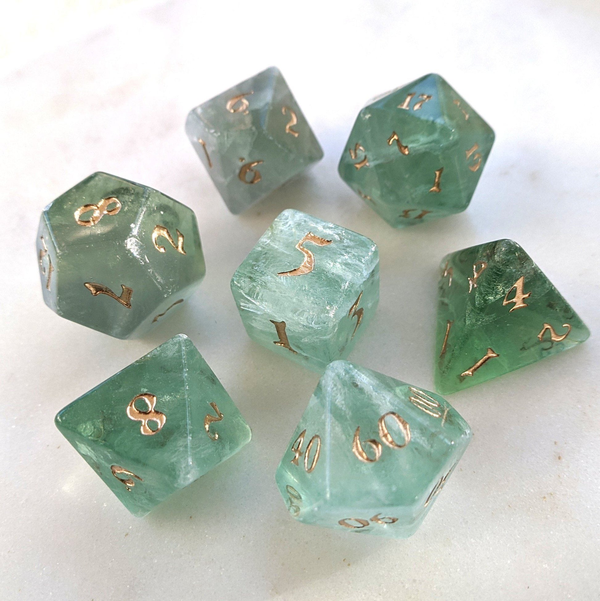 Green Fluorite Dice Set. Real Gemstone 7 Piece TTRPG Dice - CozyGamer