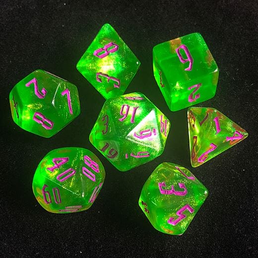 Green Glitter Acrylic Dice Set with Purple Font. TTRPG 7 Piece Dice