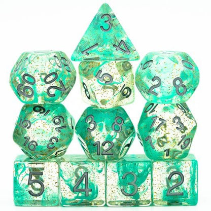 Pre Order 11 Piece Green Glitter Smoke Dice Set with Silver Font - CozyGamer