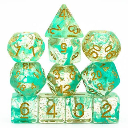 Green Glitter Smoke Dice Set – 11 - Piece Clear Resin Gold Font Extra D20 D6s - Fennek and Finch
