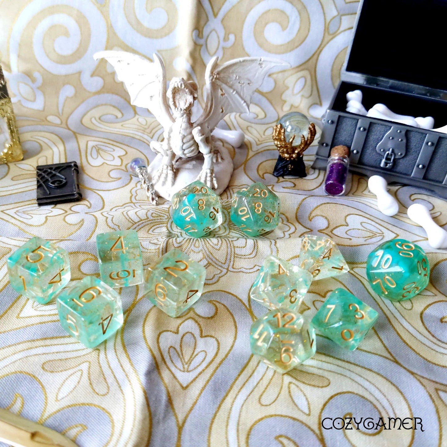 Green Glitter Smoke Dice Set – 11 - Piece Clear Resin Gold Font Extra D20 D6s - Fennek and Finch