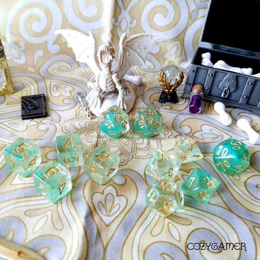 Green Glitter Smoke Dice Set – 11 - Piece Clear Resin Gold Font Extra D20 D6s - Fennek and Finch