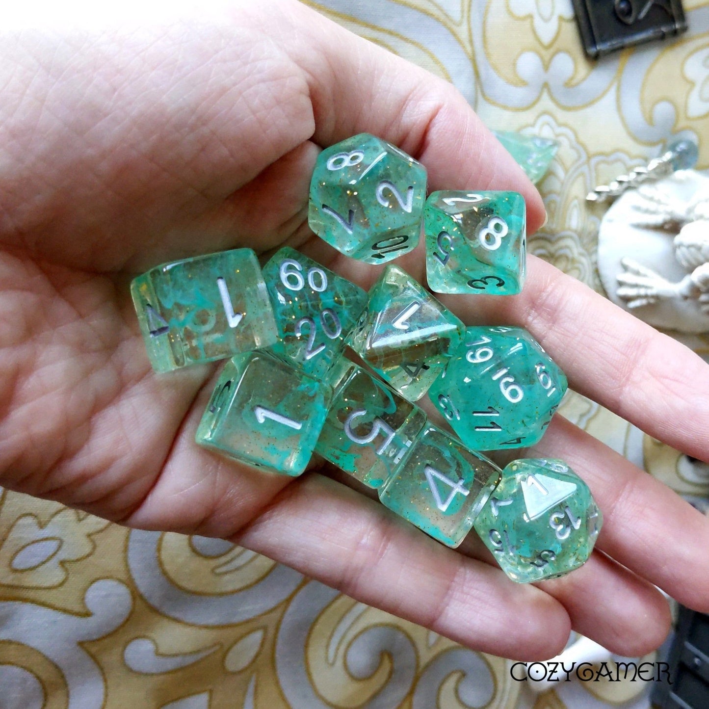 Green Glitter Smoke Dice Set – 11-Piece Clear Resin Silver Font Extra D20 D6s Dice Sets & Games Fennek & Finch