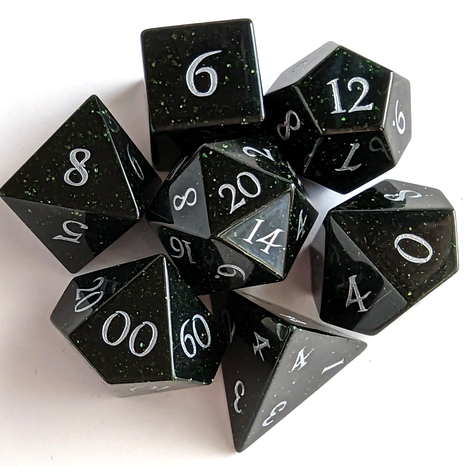 Green Goldstone Dice Set | Real Gemstone DnD Dice with Silver Numbers - Fennek and Finch