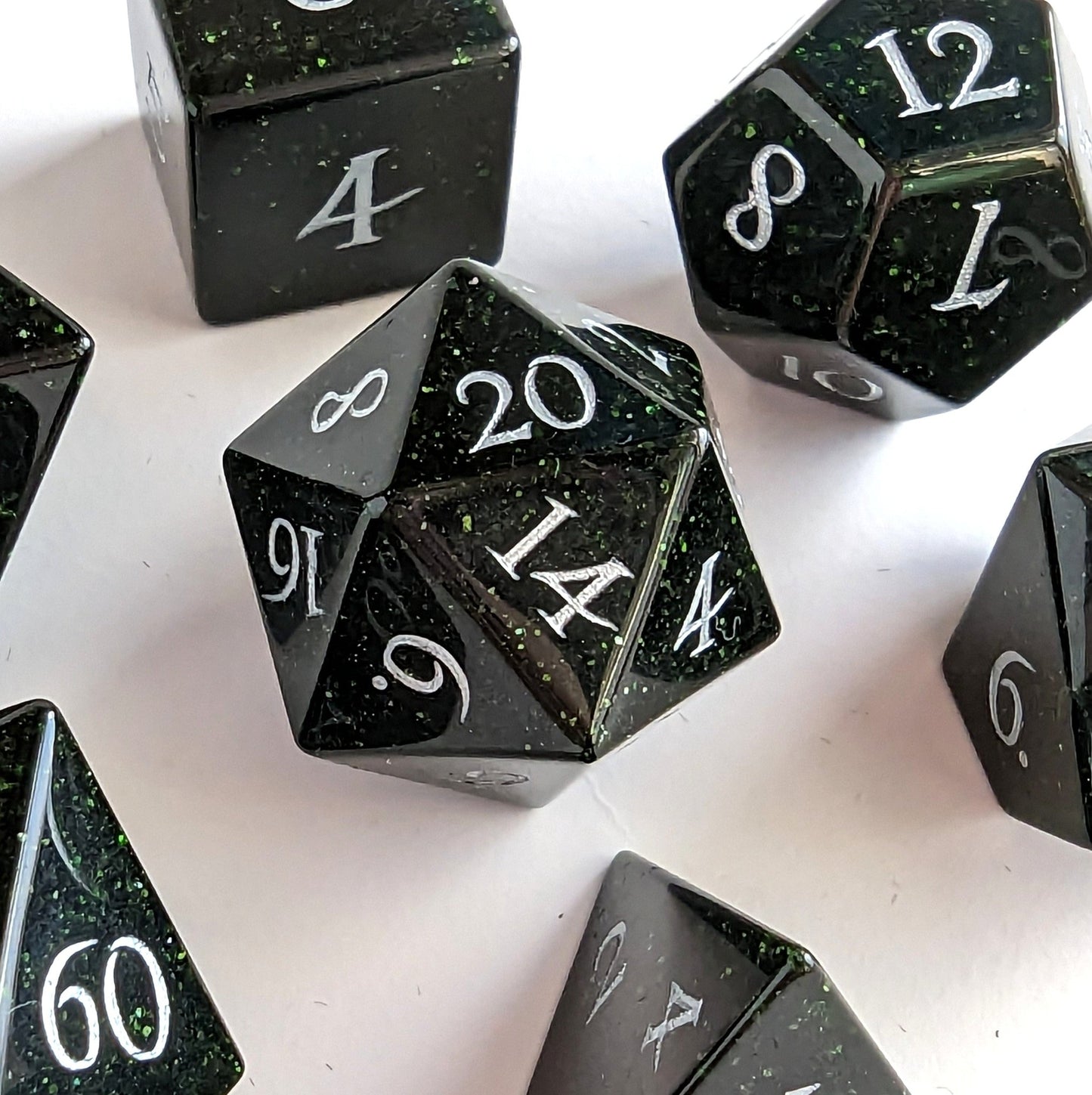 Green Goldstone Dice Set | Real Gemstone DnD Dice with Silver Numbers - Fennek and Finch