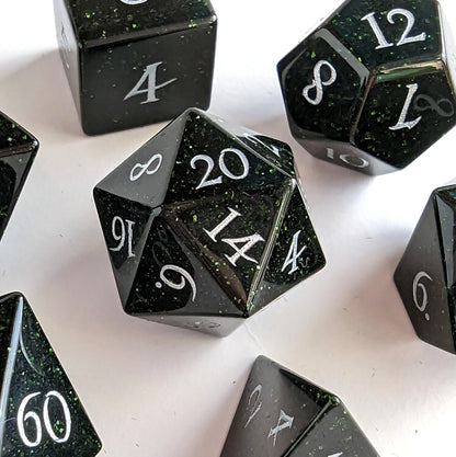 Green Goldstone Dice Set | Real Gemstone DnD Dice with Silver Numbers - Fennek and Finch