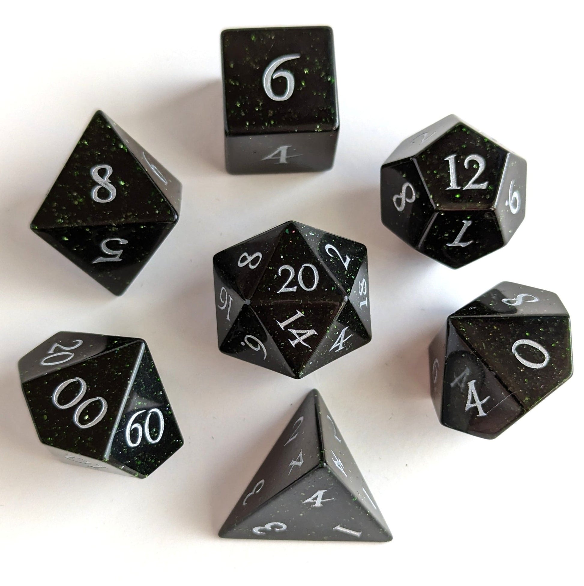 Green Goldstone Dice Set | Real Gemstone DnD Dice with Silver Numbers - Fennek and Finch