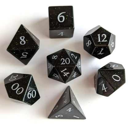 Green Goldstone Dice Set | Real Gemstone DnD Dice with Silver Numbers - Fennek and Finch