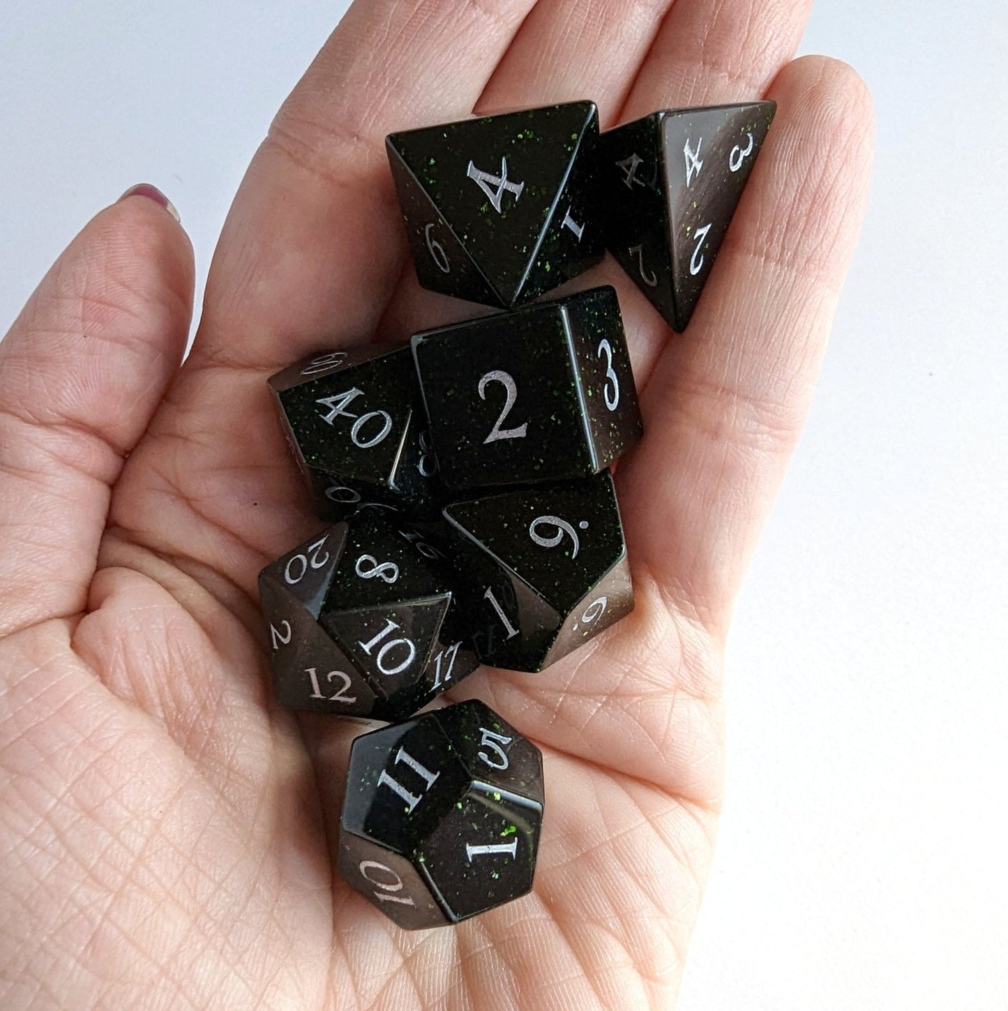 Green Goldstone Dice Set | Real Gemstone DnD Dice with Silver Numbers - Fennek and Finch