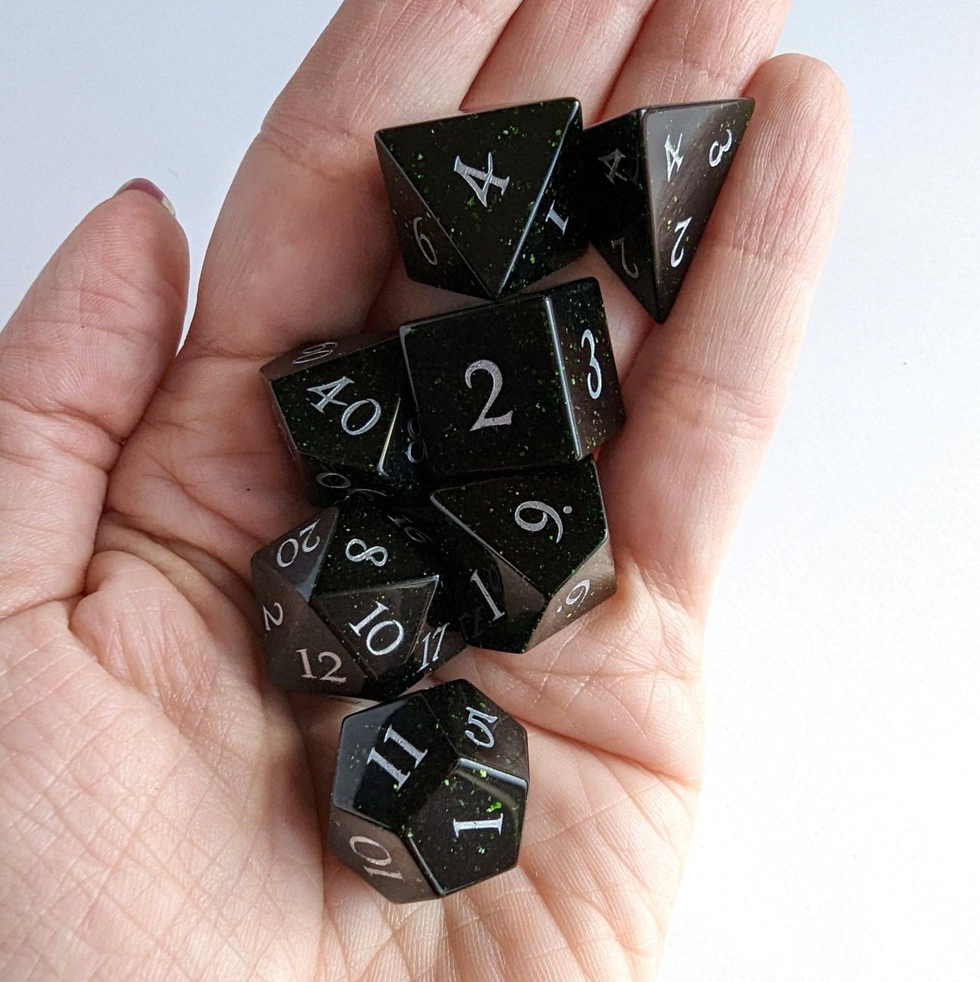 Green Goldstone Dice Set | Real Gemstone DnD Dice with Silver Numbers - Fennek and Finch