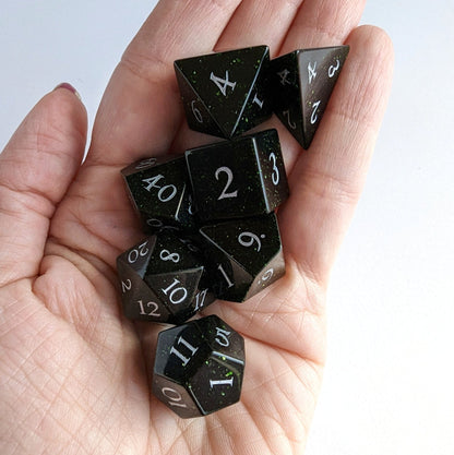 Green Goldstone Dice Set | Real Gemstone DnD Dice with Silver Numbers - Fennek and Finch