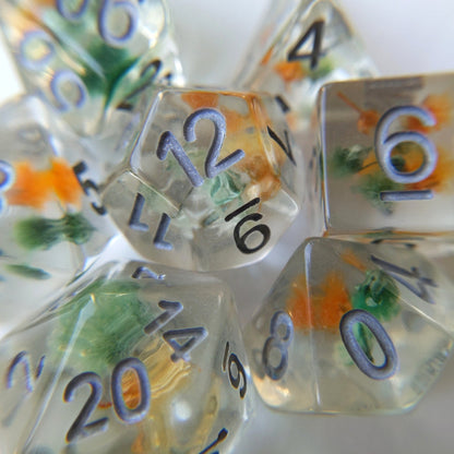 Green Orange Flower Dice Set – 7 - Piece Floral Resin DnD Dice - Fennek and Finch