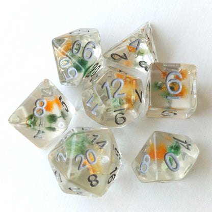 Green Orange Flower Dice Set – 7 - Piece Floral Resin DnD Dice - Fennek and Finch