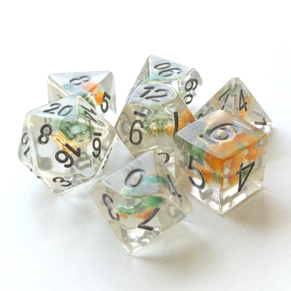 Green Orange Flower Dice Set – 7 - Piece Floral Resin DnD Dice - Fennek and Finch
