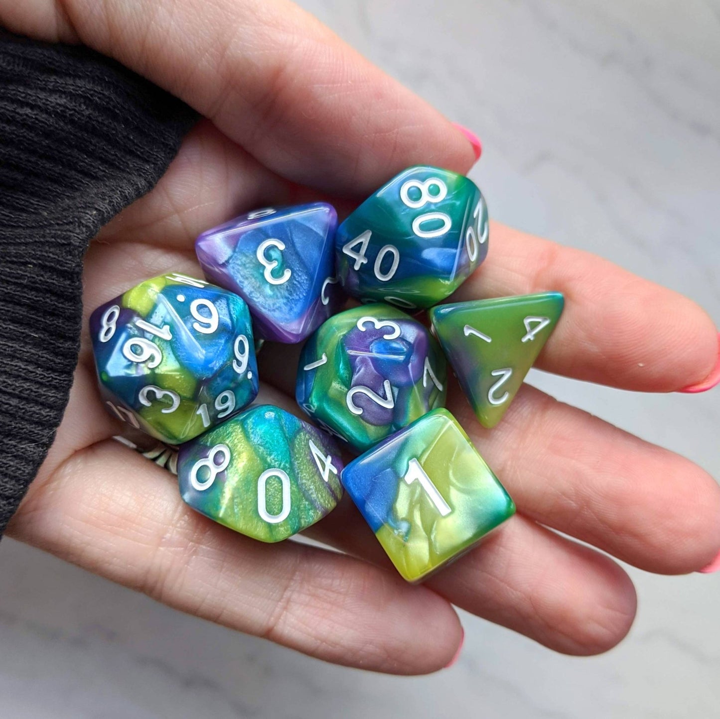 Green Purple Blue Three Tone Marbled Dice Set – 7-Piece Pearly White Font DnD Dice Sets & Games Fennek and Finch