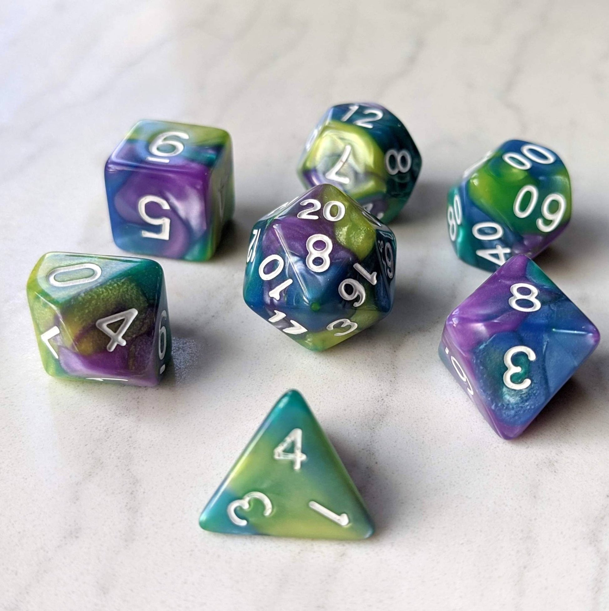 Green Purple Blue Three Tone Marbled Dice Set – 7-Piece Pearly White Font DnD Dice Sets & Games Fennek and Finch